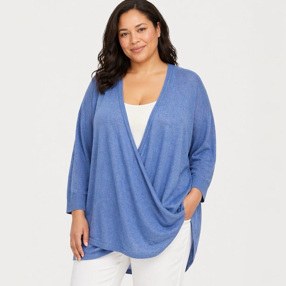 J Jill Wearever Wrap Cardigan Sweater 2X Light Blue Linen Blend Knit Minimalist
